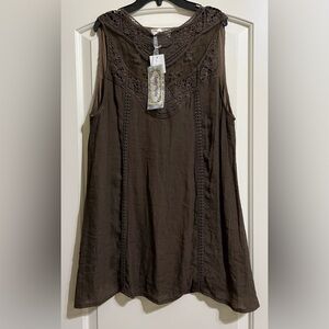 NWT Lady Noiz Women’s Brown TUNIC or SHORT DRESS Crochet Upper Sleeveless Large